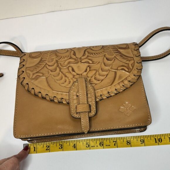 PATRICIA NASH Lanza Tooled Burnished Tan Leather Crossbody Bag Organizer Purse - Picture 9 of 10